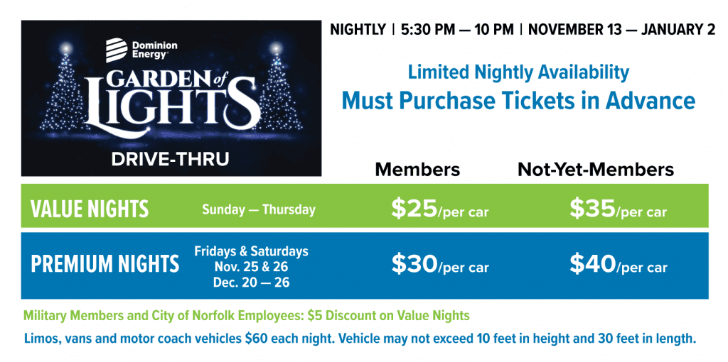 Graphic of Dominion Energy Garden of Lights 2020 pricing.