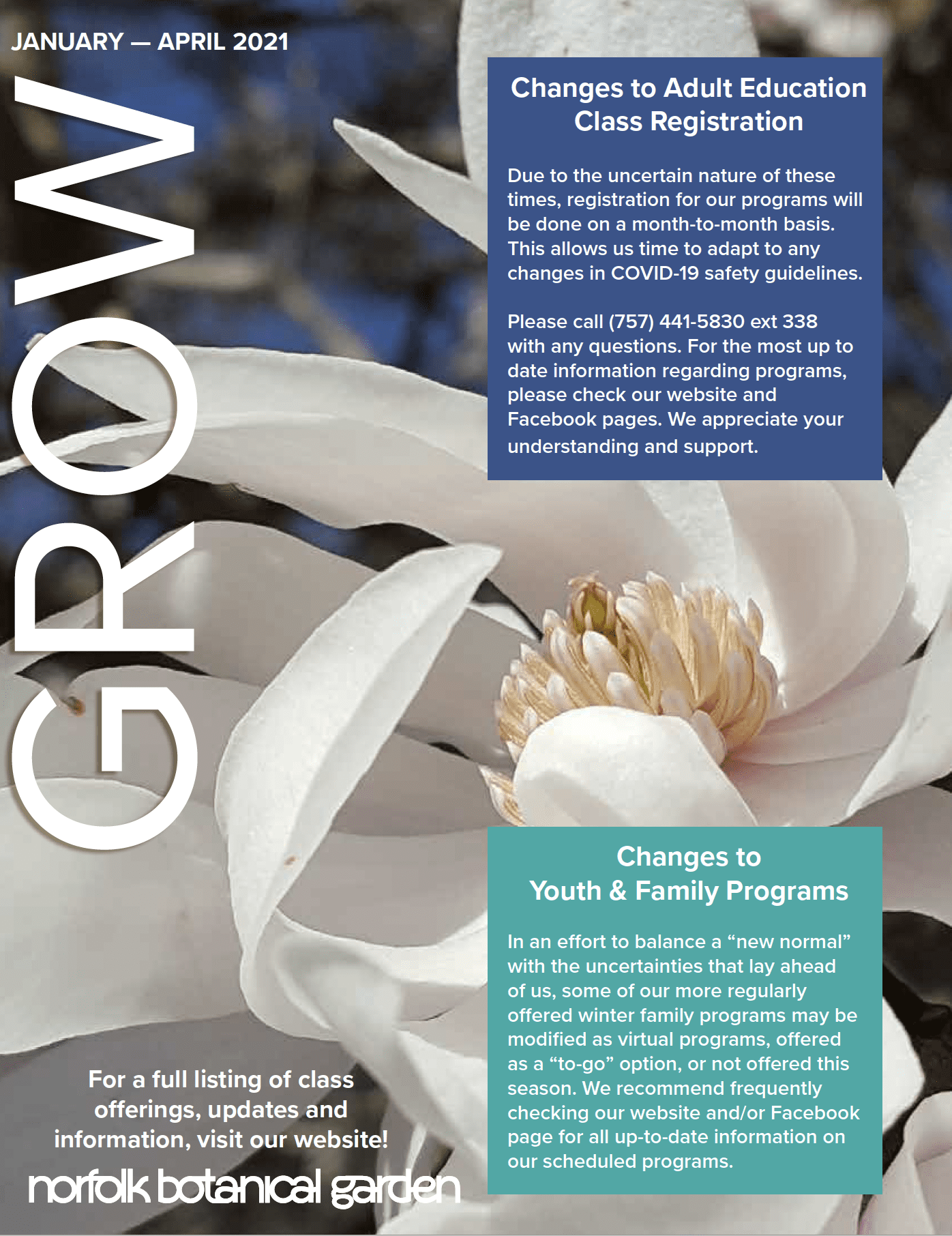 Image of the front cover of GROW, the NBG course catalog for the months of January through April, 2021.