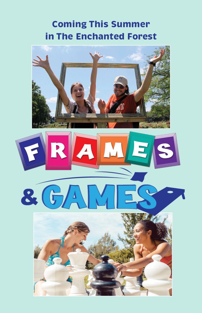 Frames & Games Logo with two photos - top photo shows two people in an empty frame with arms up. Bottom photo shows two women playing with large chess pieces outside in the summer.